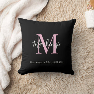 Coussin Élégant Noir Rose Personnalisé Nom Monogramme