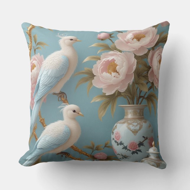 Coussin Elégant Oiseaux blancs et pivoines sur des branche (Recto)