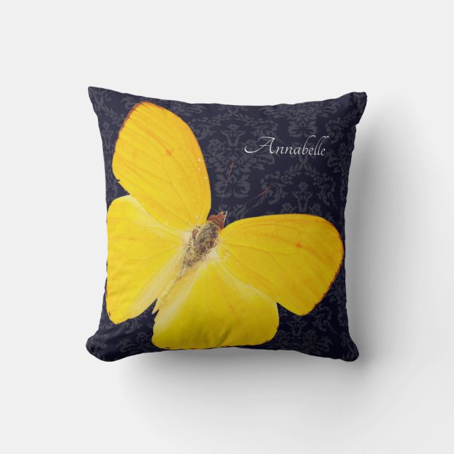 Coussin Elégant Papillon jaune Noir Damas Ajouter un nom (Recto)
