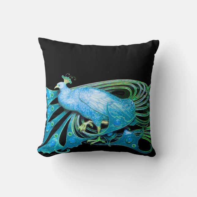 Coussin ELÉGANT PEACOCK EN AQUA BLEU Turquoise Noir (Recto)