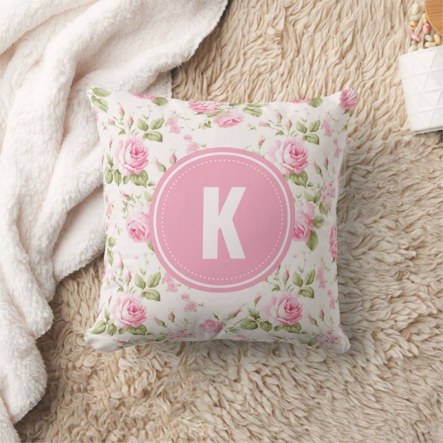 Coussin Elegant Pink Roses Flowers Pattern Monogram (Couverture)