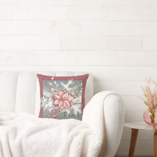 Coussin Elégant poinsettia aquarelle personnalisée Noël