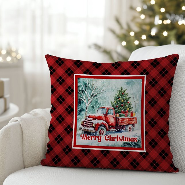 Coussin Elegant red truck winter scene rustic festive  (Classic Christmas  THROW PILLOW,
modern Traditional red truck car,
watercolor cozy Christmas scene,
)