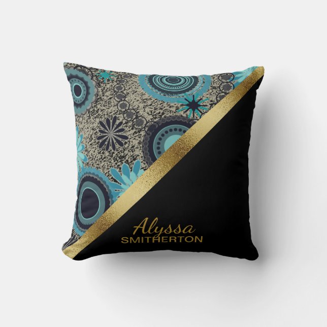 Coussin Elégant Retro Turquoise Black Gold Personnalisé (Recto)