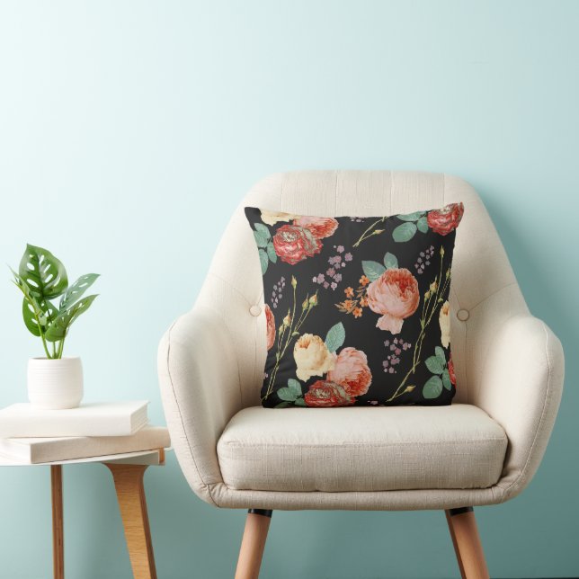 Coussin Élégant rose chic roses Floral sur noir (Chaise)