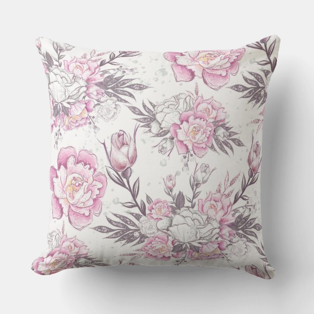 Coussin Élégant rose et blanc Floral Design Gris Folio (Recto)