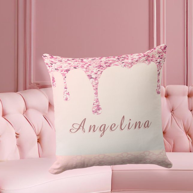 Coussin Elegant Rose Glam Glitter Drip  (Customize this glam pink pillow for bridesmaids—perfect for bridal shower gifts and lounge decor.)