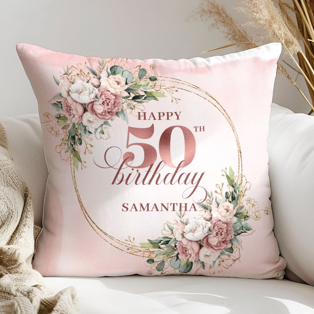 Coussin Elegant Rose Gold Greenery 50th Birthday Pillow  (Elegant Rose Gold Greenery 50th Birthday Pillow Gift)