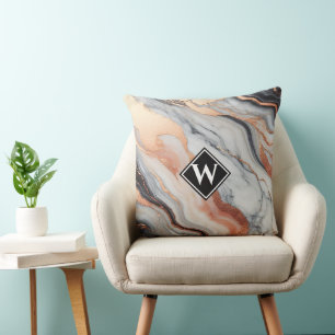 Coussin Élégant Rose or noir marbre Monogramme
