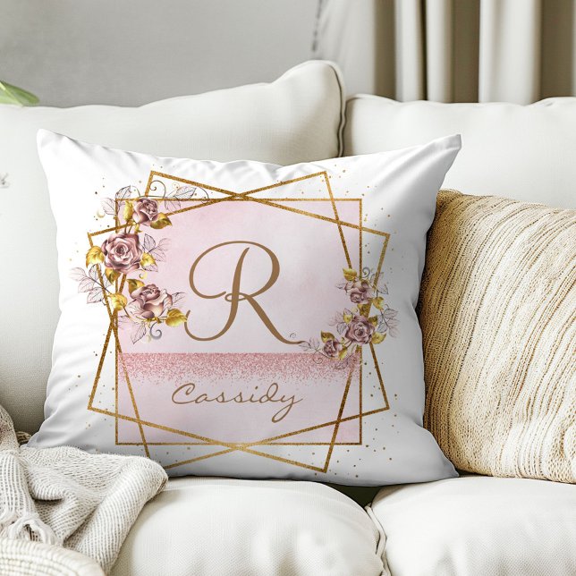 Coussin Élégant Rose Parties scintillant or Rose Monogramm (Créateur téléchargé)