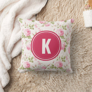 Coussin Élégant rose Roses Fleurs Motif Monogramme
