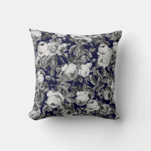 Coussin Élégant Roses Vintages noirs blancs sur bleu marin