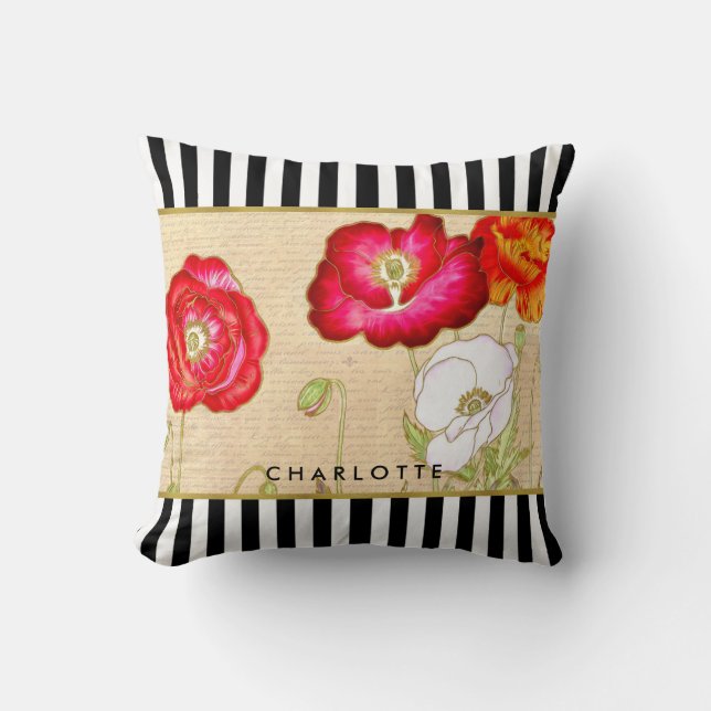 Coussin Élégant Rouge Poppy Floral Grandes Noires Avec Nom (Recto)