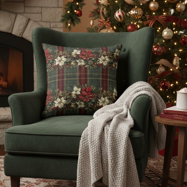 Coussin Élégant Rouge Vert Plaid Rouge Poinsettia Noël (Créateur téléchargé)