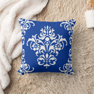 Coussin Elégant Royal Bleu et Blanc Damas