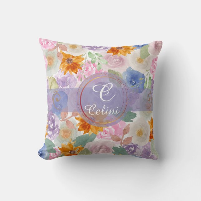 Coussin Elégant Sage Green Aquarelle Floral Rose Motif (Recto)