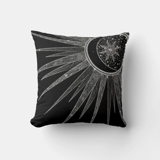 Coussin Elégant Silver Sun Moon Mandala Black Design (Recto)