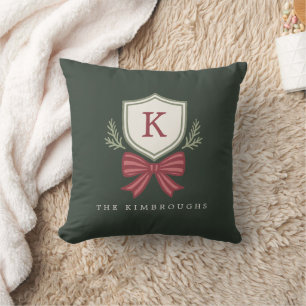 Coussin Élégant Simple Monogramme Vert Rouge Noeud de Noël