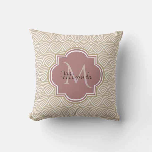 Coussin Élégant Tan Arched Scallops Mauve Monogramme Nom (Recto)
