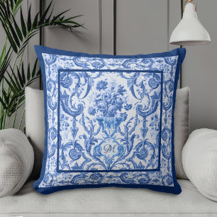 Coussin Élégant Toile de Jouy Floral Monogramme Bleu