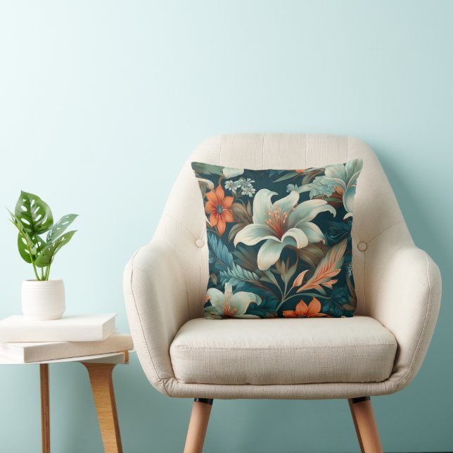 Coussin Élégant Turquoise Orange Flower Motif Floral (Chaise)