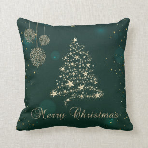 Coussin Elégant Vert, Arbre de Noël en or Faux, Snowflakes