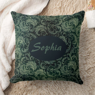 Coussin Élégant vert vintage damassé motif floral
