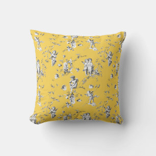 Coussin Élégant Vintage Angels Cupides Fleurs Jaune