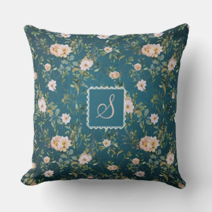 Coussin Élégant Vintage Cyan foncé Floral Motif