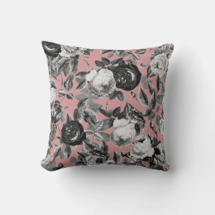 Coussin Elégant Vintage noir blanc Roses Dusty rose