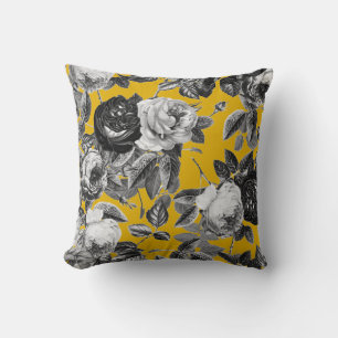 Coussin Elégant Vintage noir blanc Roses moutarde jaune