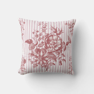 Coussin Élégant Vintage Rose Pâle Floral Rayures à Tiques