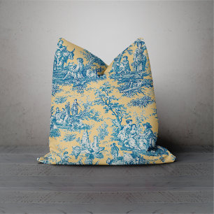 Coussin Élégant vintage turquoise jaune toile de jouy