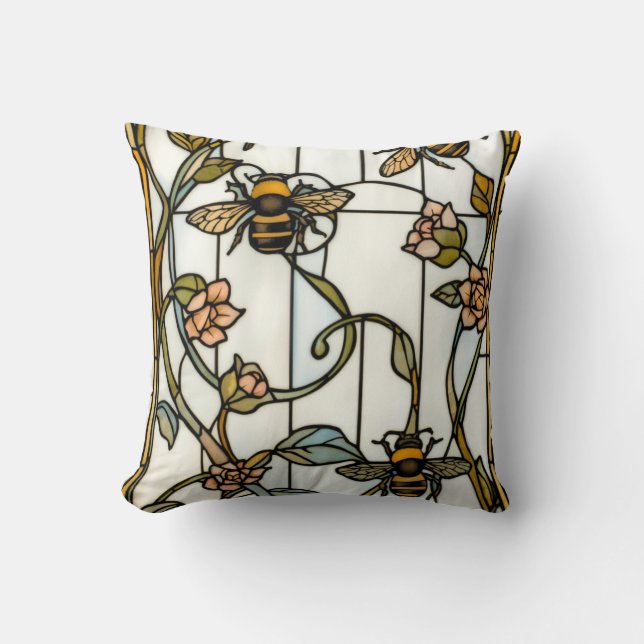 Coussin Élégant vitrail botanique art nouveau abeille (Recto)