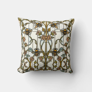 Coussin Élégant vitrail botanique art nouveau avec abeille