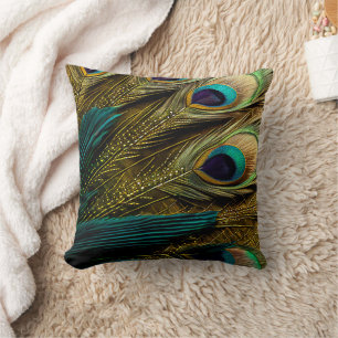 Coussin Elégante Abstraite bleue Turquoise or Peacock Feat