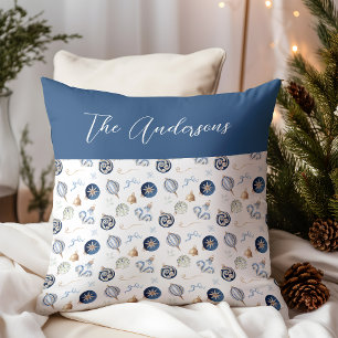Coussin Elégante aquarelle Bleu ornement Bauble de Noël