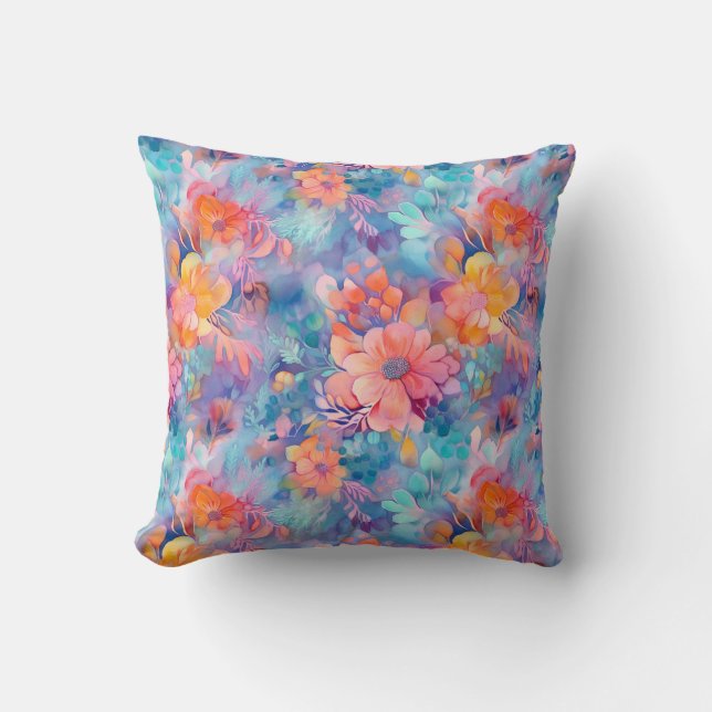 Coussin Elégante aquarelle corail bleu floral (Recto)