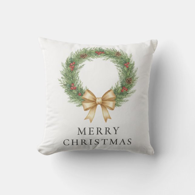 Coussin Elégante aquarelle de Noël couronne et ruban or (Recto)