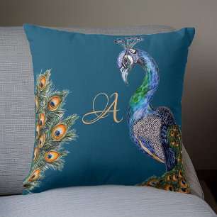 Coussin Elégante aquarelle Peacock Monogram Navy