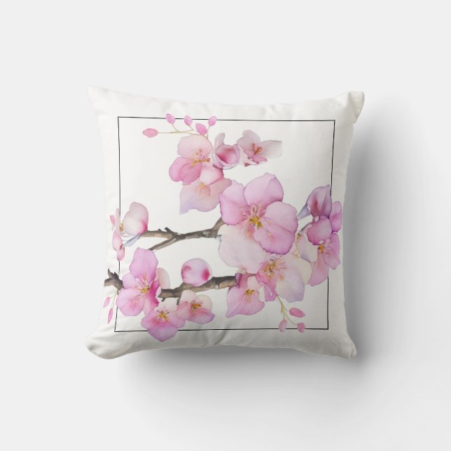 Coussin Elégante aquarelle rose fleurs de cerisier (Recto)