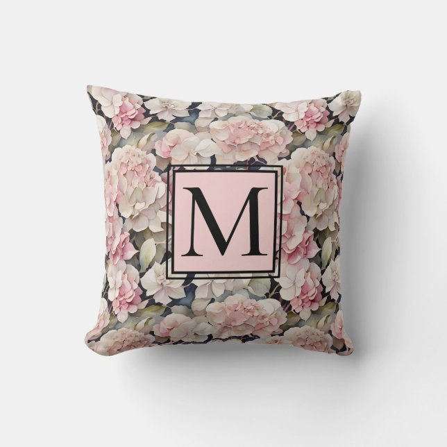 Coussin Elégante aquarelle rose hydrangées florales (Recto)