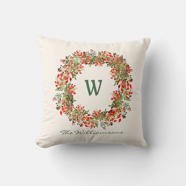 Coussin Elégante aquarelle verte Wreath Monogramme personn (Recto)