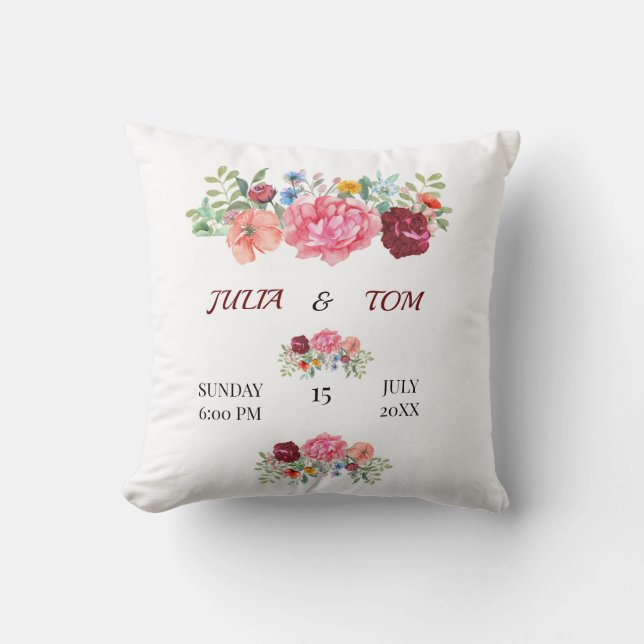 Coussin Élégante Bourgogne et flore rose (Recto)