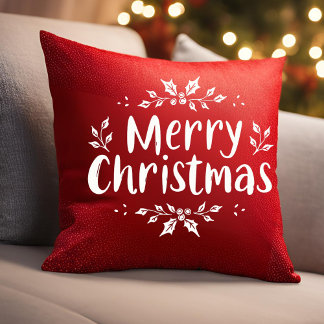 Coussin Élégante calligraphie Joyeux Noël Holly Berries