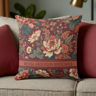 Coussin Élégante Chinoiserie Bourgogne Floral Bridesmaid
