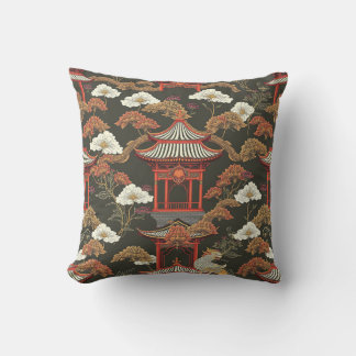 Coussin Elégante Chinoiserie Pagode Noir Rouge