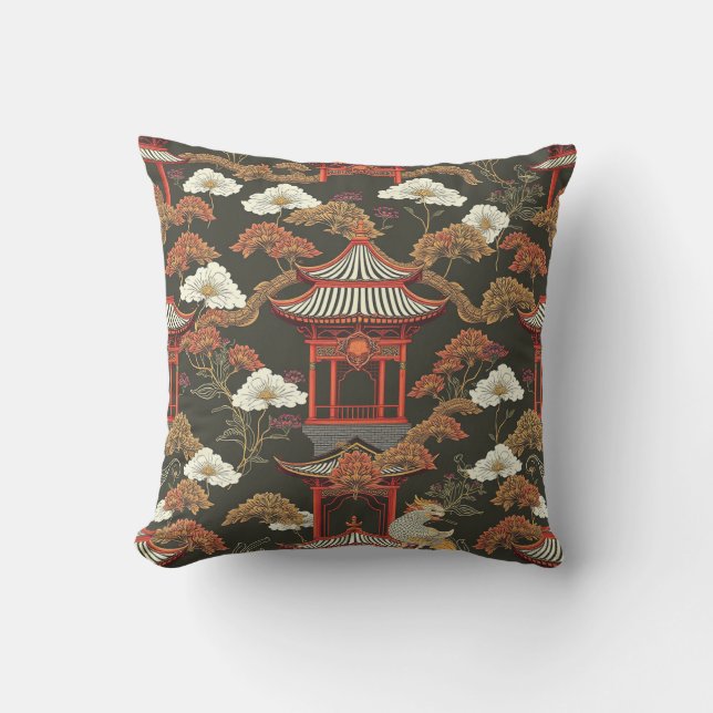 Coussin Elégante Chinoiserie Pagode Noir Rouge (Recto)