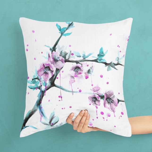 Coussin Elégante fleur de printemps Pink floral aquarelle  (Créateur téléchargé)