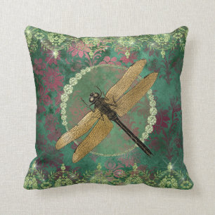 Coussin Elégante libellule d'or en vert avec des pavillons